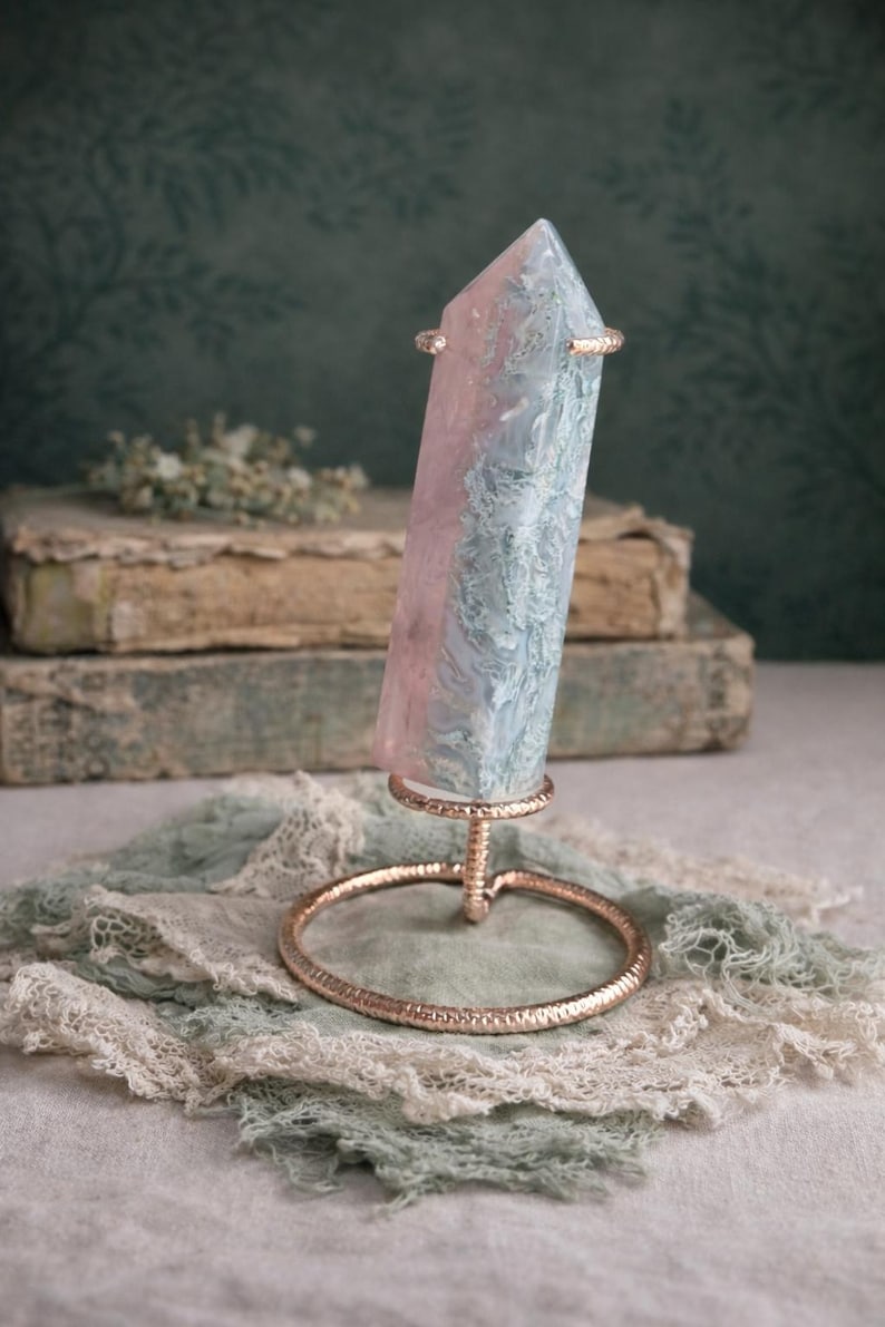 Rose Quartz and Moss Agate Tower on Rose Gold Stand | Polished Crystal Sculpture | Cottagecore Heirloom Decor image 1