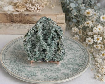 Dark Green Chalcedony Druzy Quartz Cluster on Stand – Sparkling Mint Chalcedony Mineral Specimen – Natural Crystal Botryoidal Display Decor