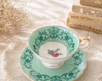 Mint Green Vintage Bavaria Teacup and Saucer | Floral Porcelain Tea Set | Gold Rim Cup | Cottagecore Decor | Heirloom Display