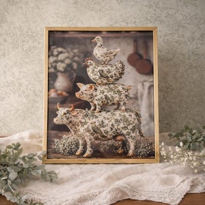 Stacked Ceramic Farm Animal Toile Artwork in Genuine Vintage Gold Frame | Olive Green Heirloom Farmhouse Tabletop Decor | Cottagecore Accent