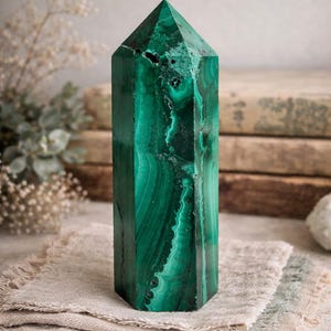 Natural Malachite Crystal Tower | Polished Green Banded Mineral Point | Collector Specimen | Cottagecore Decor