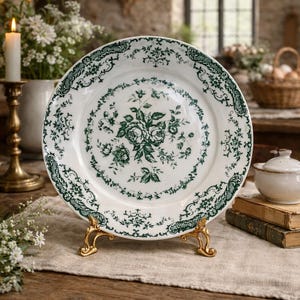 Green Floral Transferware Plate | Vintage Inspired Cottage Kitchen Decor