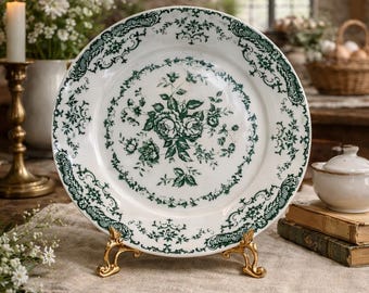 Green Transferware Plate Vintage Inspired | Floral Cottage Plate | Farmhouse Kitchen Decor | English Style Wall Plate | Shabby Chic Dish