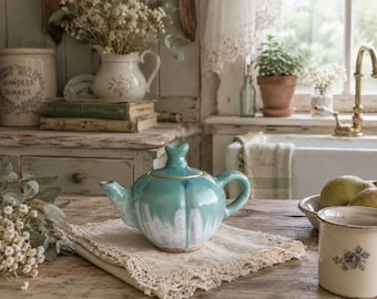 Turquoise Glazed Ceramic Teapot – Cottagecore Mini Teapot, Handmade Pottery Tea Pot, Vintage Style Teapot, Shabby Chic Kitchen Decor