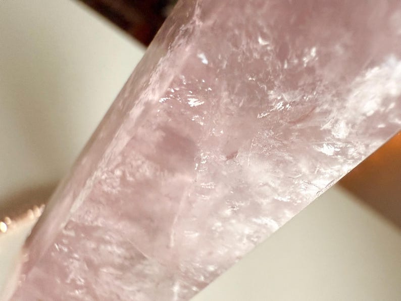 Rose Quartz and Moss Agate Tower on Rose Gold Stand | Polished Crystal Sculpture | Cottagecore Heirloom Decor image 10