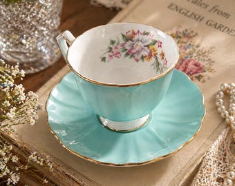 Vintage Aynsley Teacup and Saucer Set Aqua Blue Bone China English Floral Tea Cup Cottagecore Decor Shabby Chic Kitchen Heirloom Gift