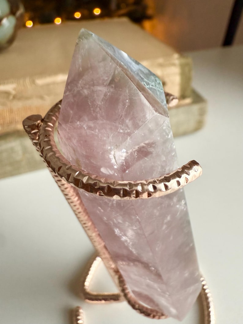 Rose Quartz and Moss Agate Tower on Rose Gold Stand | Polished Crystal Sculpture | Cottagecore Heirloom Decor image 2