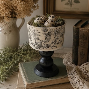 Decorative Pedestal Vessel | English Cottage Decor | Floral Cachepot | Footed Planter | Botanical Vessel | Black Cottage Farmhouse Decor