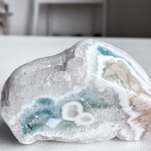 Natural Druzy White and Teal Ocean Wave Jasper Free Form | Ocean Jasper Quartzy Pastel Rainbow Crystal