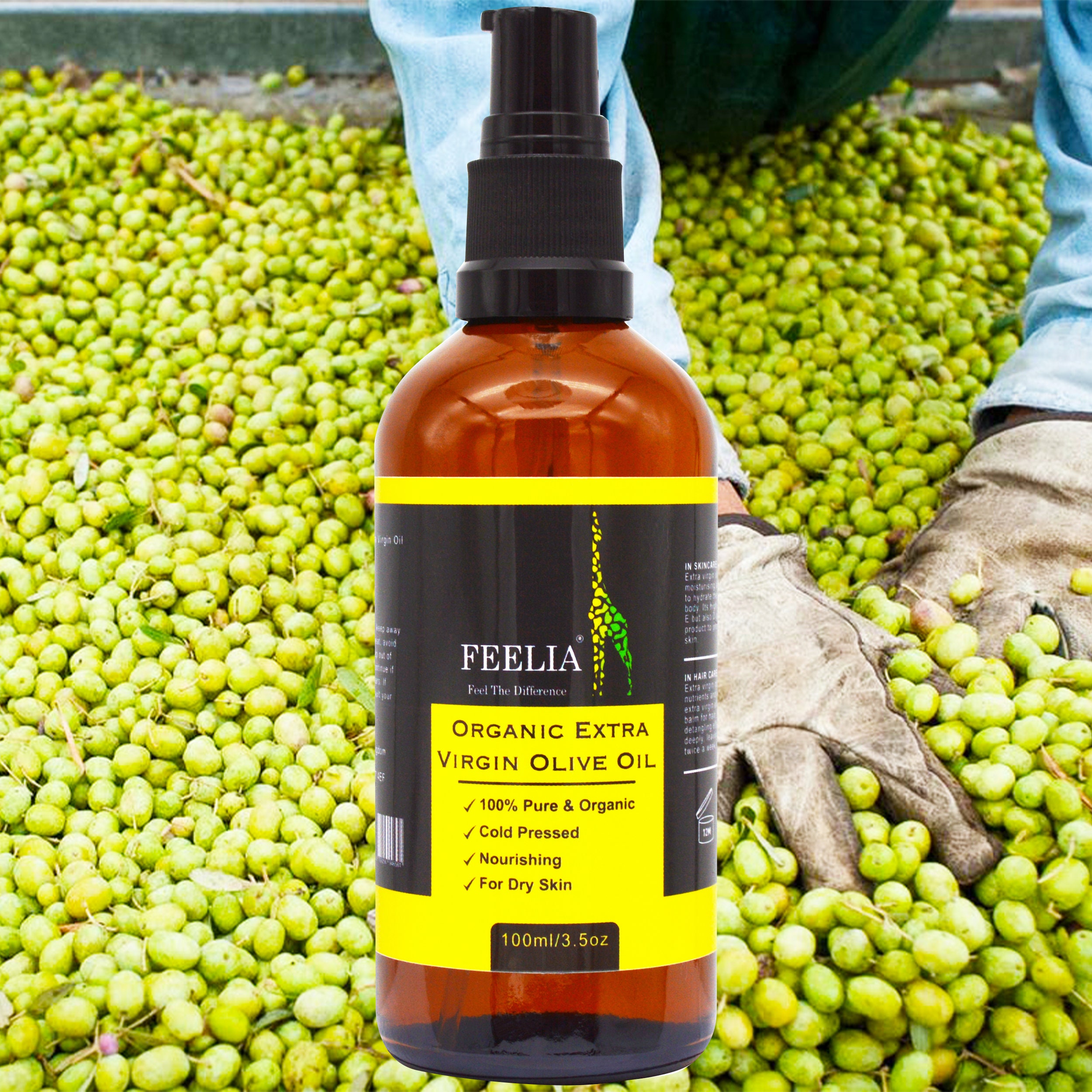 Feelia Bio Olivenöl Extra – Kaltgepresst, Für Haut & Haar, 100 Ml In UV-Schutz Glasflasche