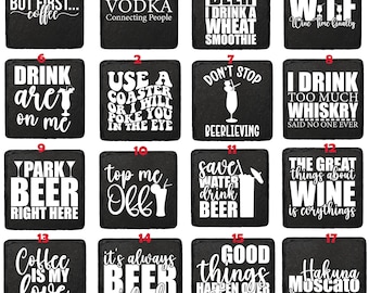 Laser Engraved Slate Coasters: Funny Drink Slogans, Natural Stone