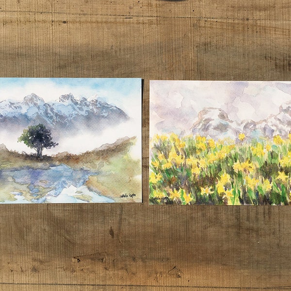 Lot de deux grandes cartes petit lac de montagne et jonquilles