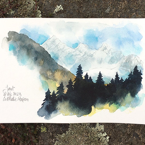 Petite aquarelle Montagnes enneigées