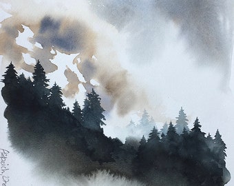 Aquarelle originale sapins dans la brume