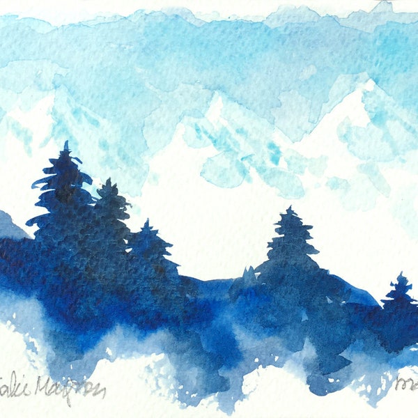 Petite aquarelle Montagnes turquoise et sapins bleus