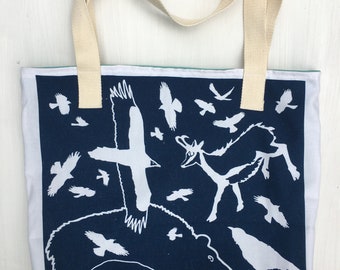 Reversible tote bag mountain animals