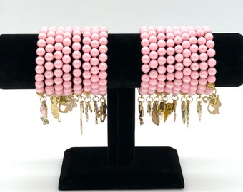 Forged Pink Pinky Beaded Bracelet with Gold Mystery Charm