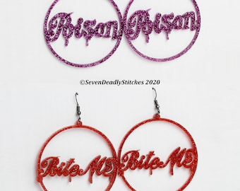 Creepy Emo Words glitter hoop earrings BITE ME or POISON
