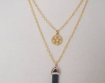 Gold Silver Pentagram Cosmic Obsidian Crystal Tiered Necklace