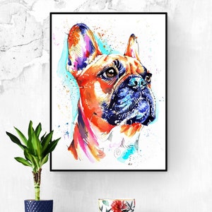 Französische Bulldogge, Frenchie, Malerei Kunstdruck, Poster, Kunstwerk. Druck von Buntem Aquarell Portrait Buntes Geschenk. Montierung (Matt) Optionen.