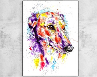 Lurcher Dog Painting Art Print, Greyhound Poster, Artwork. Tirage du portrait original à l’aquarelle. Édition limitée à 100 exemplaires