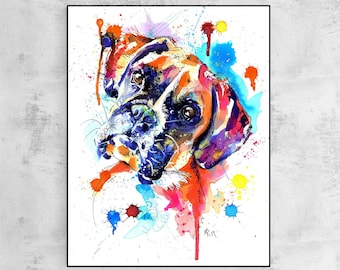 Boxer Dog Painting Art Print, Poster, Artwork. Print of Colorful Water colour Portrait Picture Gifts. Mount (Matt) Options.