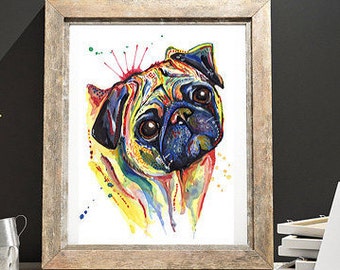 Pug Dog Painting Art Print, Poster, Artwork. Print of Original Watercolour Portrait Painting Gift. Mount (Matt) Options.