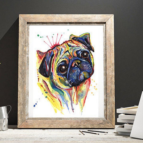 Pug Dog Painting Art Print, Affiche, Oeuvre. Impression de cadeau original de peinture de portrait d’aquarelle. Options Mount (Matt).