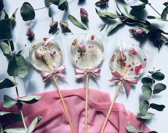 Rose wedding favors natural rose blush old pink lollipop personalised rosegold lolly with bow little princess favour edible flower candy
