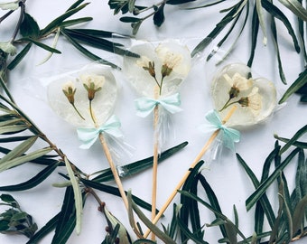 10 natural Cherry Blossom lollypops mint white wedding heart favors beautiful bright unique gifts for guest real edible flower lollies sweet