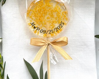 Personalized Gold Lollipops with Golden Sugar Glitter – Set of 10 Edible Wedding Favors, Custom Text, Handmade Gourmet Treats, Party Favors