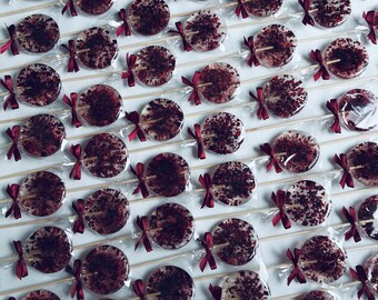 50 burgundy, natural wine colour lollipops for fall wedding favours with cherries