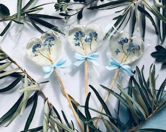 Forget Me Not Heart Lollipops, Edible Flower Wedding Favors, Set of 10