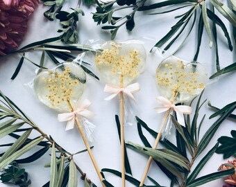 10 gold peach elder flower lollipops, edible hard candy with natural plants, unique rustic wedding favor, gourmet food, rich lux gold favor
