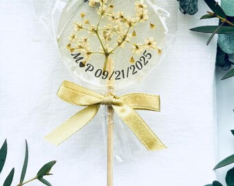 Personalized Elderflower Lollipops with Gold Color – Set of 10 Wedding Favors, Custom Text, Handmade Sweet Treats, Elegant Party Favors