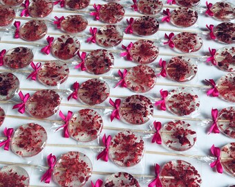 50 fuchsia lollipops, tasty red pink party favor, natural wedding favour