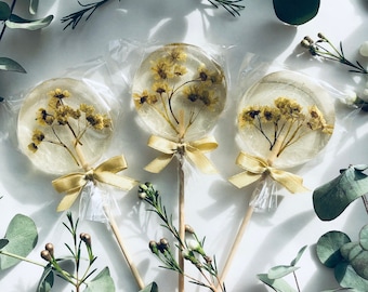 Set of 10 Gold Maple Flower Lollipops, Edible Hard Candy Wedding Favor, Rustic Gourmet Treat, Handmade Sugar Lollipops, Luxury Gold Candy
