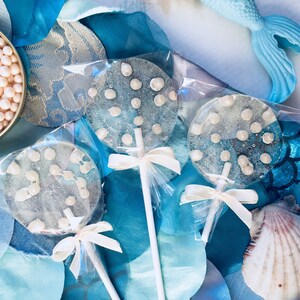 3 Mermaid Under the sea lollipops party favors Mermaid birthday kids Ocean beach wedding decor with white edible pearls Silver aqua mermaid