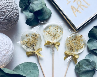 Set of 10 gold elder flower lollipops, edible hard candy with natural plants, unique rustic wedding favor, gourmet food, rich lux gold favor
