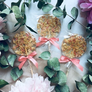 Set de 10 favores de boda, ruibarbo natural, rubor viejo rosa rubérico flor de flores comestibles, chica rosa cumpleaños fiesta favor, chupa único, beige