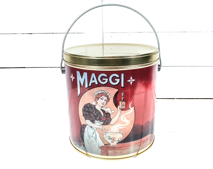 Unique large tin bucket Maggi bouillon Limited Edition • vintage Dutch storage tin • Maggi tin collectors • retro kitchen decor • tin boxes