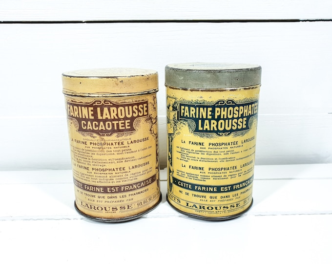Vintage French powder tin Larousse Bordeaux • old industrial tins • shabby chic bathroom decor • pharmacists tin canisters • home decor