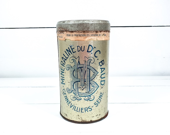 Vintage French talc powder tin Minéraline du Dr. C. Baud • old tins • shabby chic bathroom decor • pharmacists tin canisters • home decor