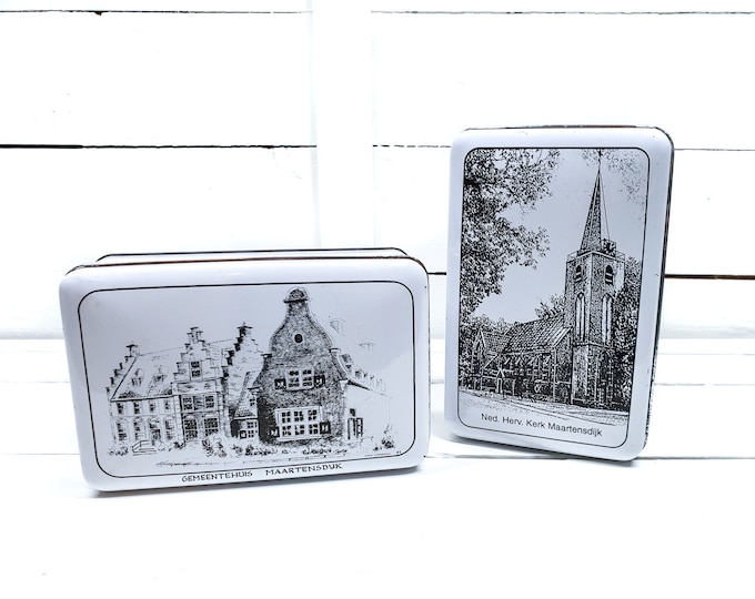 Vintage rectangular biscuit tin sketch Maartensdijk Holland • old biscuit tin church and town hall • Dutch biscuit tin • tin collector