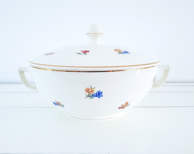 Vintage white soup tureen flowers P. Regout Maastricht • serving dish •  soupiere • shabby chic tableware • white classic kitchen