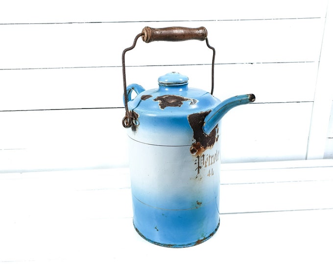 Vintage blue and white enamel petrol can • vintage white enamel • enamelware oil jug • white farmhouse kitchen decor • 1940