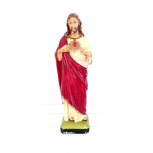 Statue religieuse vintage Sacré-Cœur Jésus-Christ - Statues religieuses - Église catholique - Statue de Brocante Jésus - Décoration de Noel
