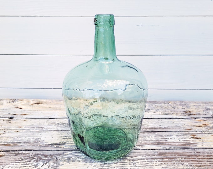 Vintage Ayalense green glass bottle • Dame Jeanne bottle • farmhouse chic home decor • green glass vase demijohn • fixer upper style