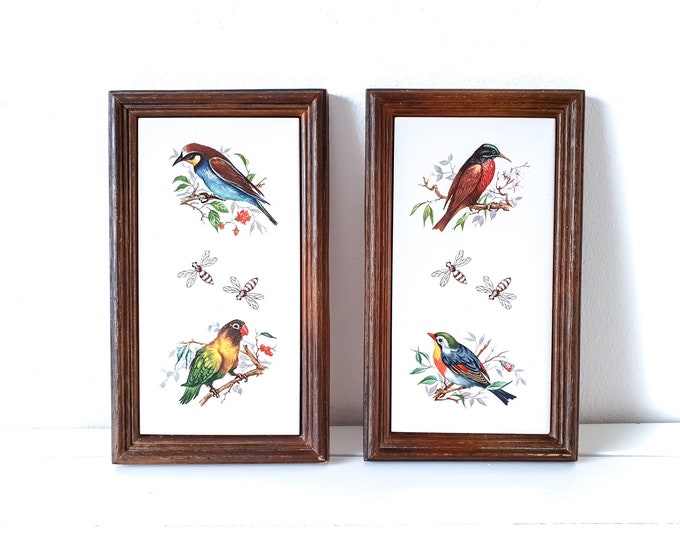 Vintage decorative tiles bird in wooden frame (set of 2) • wall hanging • home decor accents • eclectic rustic nature wall decoration