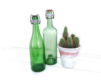 Vintage green bottles with clip closure • antique green bottles with porcelain cap • French farmhouse style decor • old glass bottles